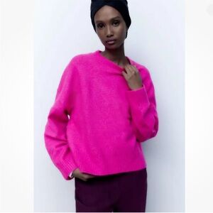 Zara Hot Fuchsia Crew Neck Sweater, Size Medium